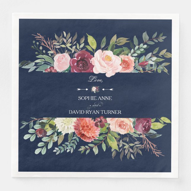 Burgundy Blush Floral Wreath Navy Blue Wedding Paper Dinner Napkins (Front)