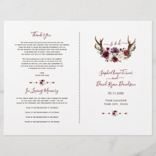 Burgundy Blush Florwers Antlers Wedding Program Flyer