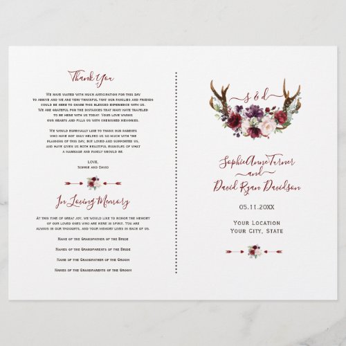 Burgundy Blush Florwers Antlers Wedding Program Flyer