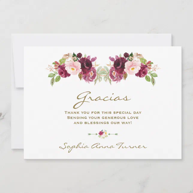 Burgundy Blush Flower Spanish Gracias Baby Shower Thank You Card