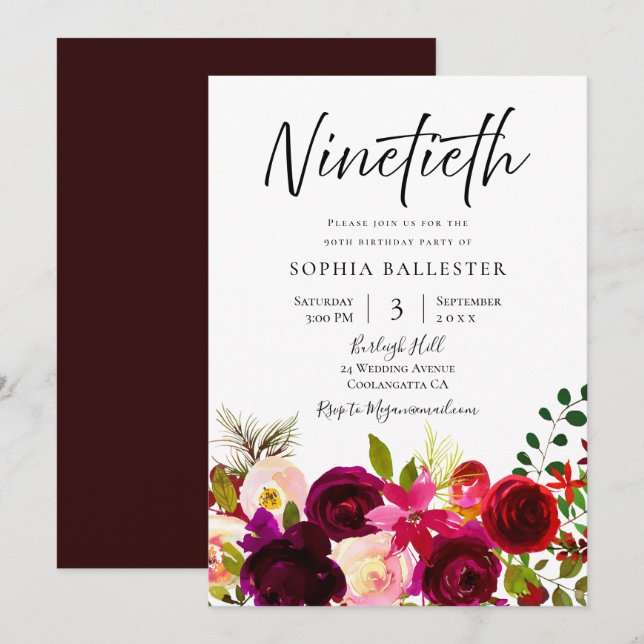 Burgundy & Blush Flowers 90th Birthday Party Invitation (Front/Back)