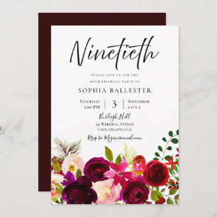Burgundy & Blush Flowers 90th Birthday Party Invitation
