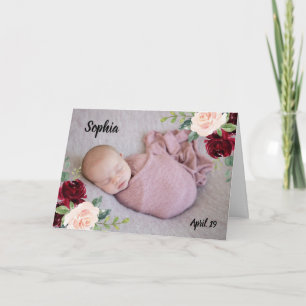 Burgundy Blush flowers Baby Girl boy Photo Newborn Card