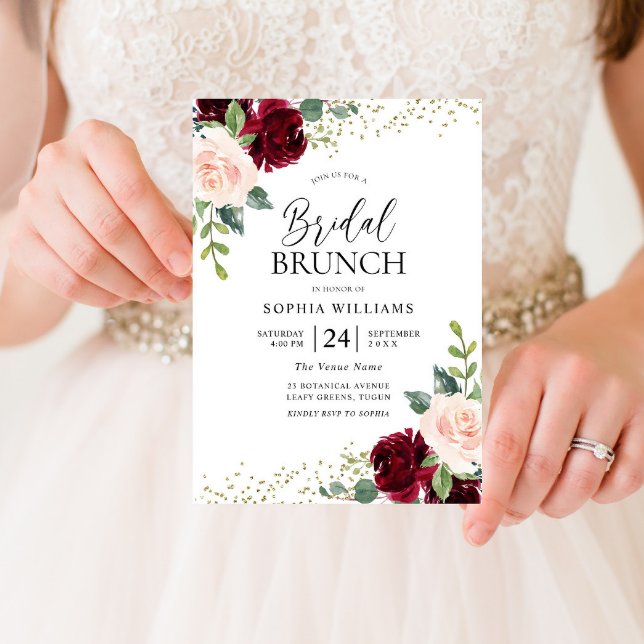 Burgundy & Blush Flowers Bridal Shower Brunch  Invitation
