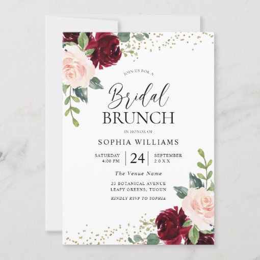 Burgundy & Blush Flowers Bridal Shower Brunch Invitation | Zazzle