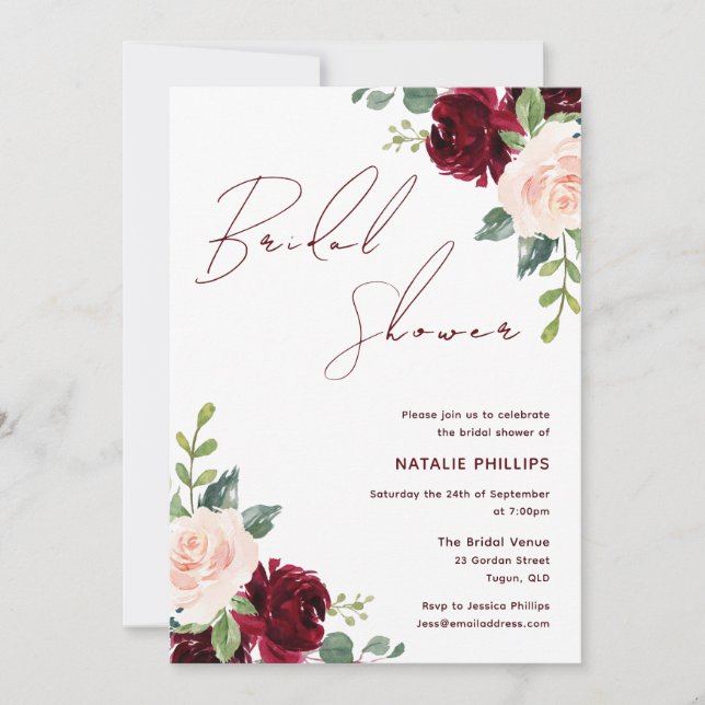 Burgundy & Blush Flowers Bridal Shower Invitation (Front)