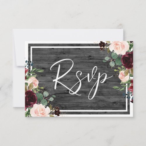 Burgundy  Blush Flowers Charcoal Wood Wedding RSVP Card