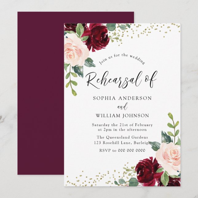 Burgundy & Blush Flowers Glitter Rehearsal Dinner Invitation (Front/Back)