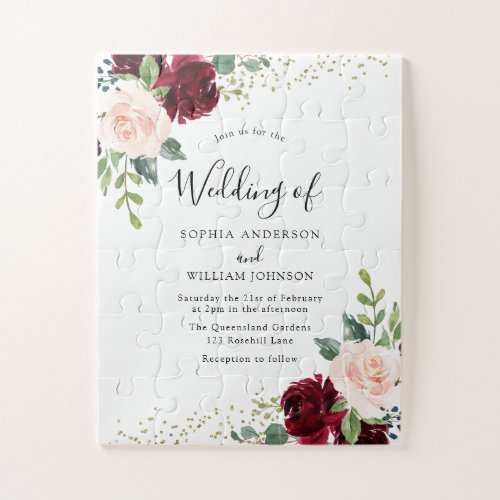 Burgundy  Blush Flowers Glitter Wedding Invitatio Jigsaw Puzzle