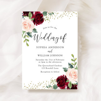 Burgundy & Blush Flowers Glitter Wedding Invitation