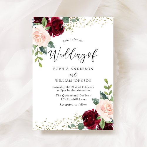 Burgundy  Blush Flowers Glitter Wedding Invitation