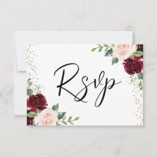 Burgundy & Blush Flowers Glitter Wedding RSVP Card