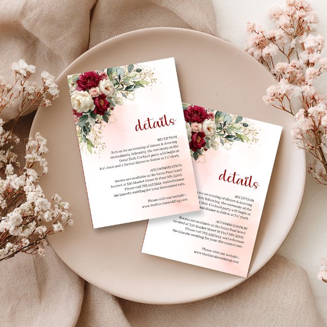 Burgundy blush flowers gold border wedding details enclosure card (Burgundy blush flowers gold border wedding details

)