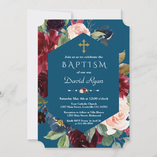 Burgundy Blush Flowers Gold Cross Blue Baptism Invitation (Front)