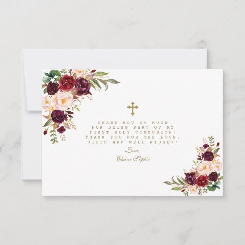 Burgundy Blush Flowers Gold Cross Holy Communion Thank You Card