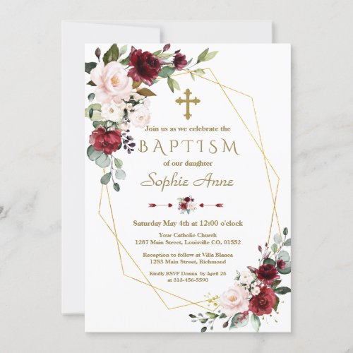 Burgundy Blush Flowers Gold Frame Cross Baptism Invitation