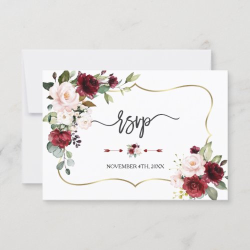 Burgundy Blush Flowers Gold Frame Wedding RSVP Card