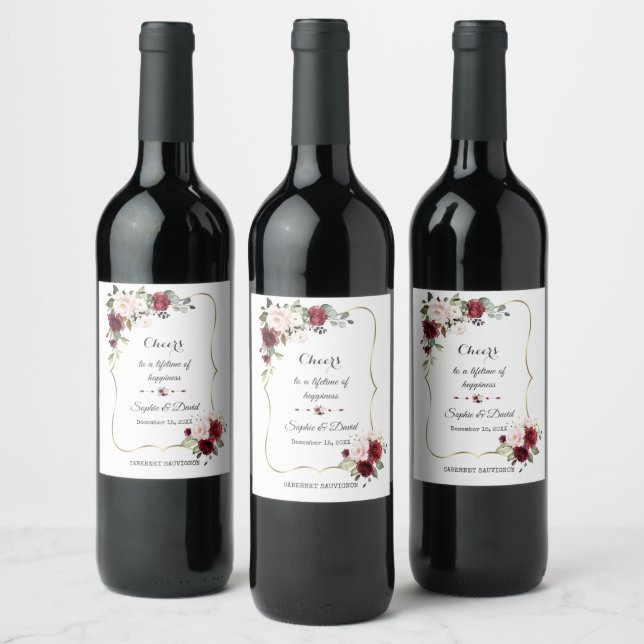 Burgundy Blush Flowers Gold Frame Wedding Wine Label (Bottles)