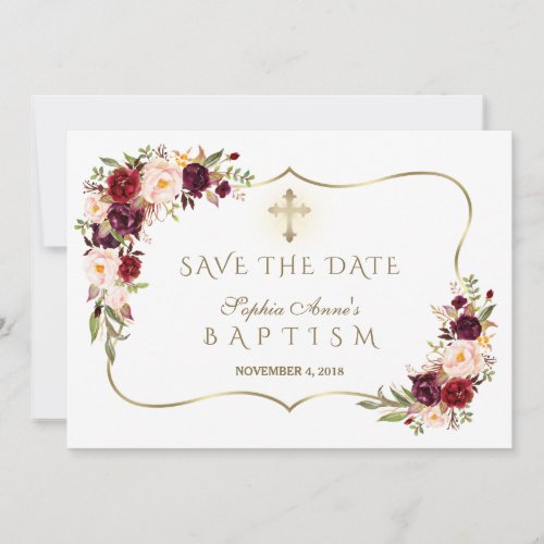 Burgundy Blush Flowers Gold Girl Baptism Save The Date