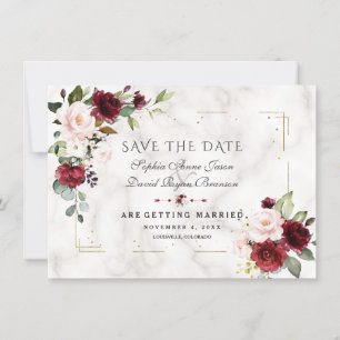 Burgundy Blush Flowers Gold Glitter Marble Wedding Save The Date