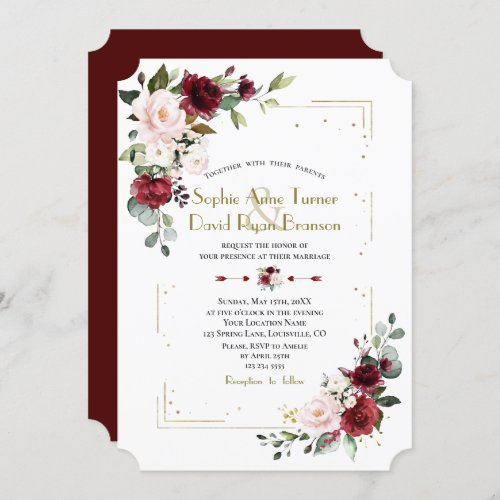 Burgundy Blush Flowers Gold Glitter Wedding Invitation