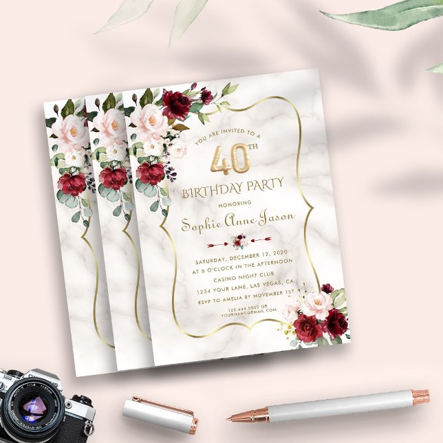 Burgundy Blush Flowers Gold Marble 40th Birthday  Invitation (Creator Uploaded)