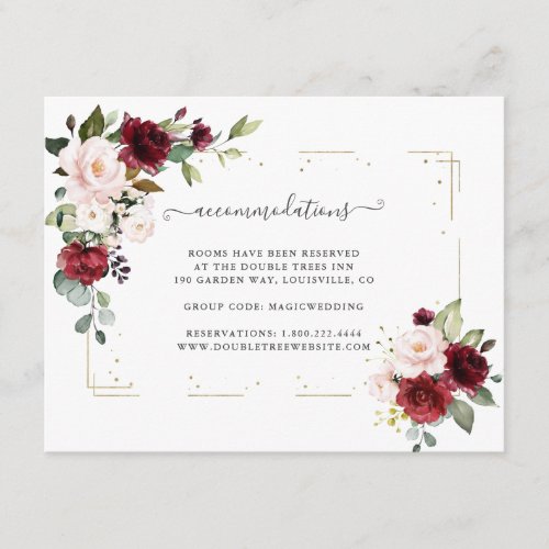 Burgundy Blush Flowers Gold Wedding Accommodations Enclosure Card