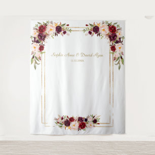 Burgundy Blush Flowers Gold Wedding Photo Booth Tapestry