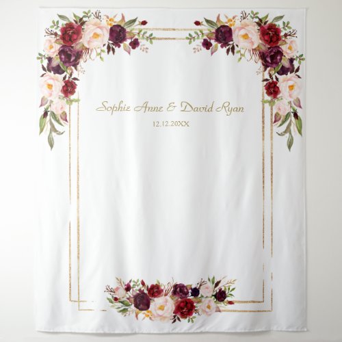 Burgundy Blush Flowers Gold Wedding Photo Booth Tapestry