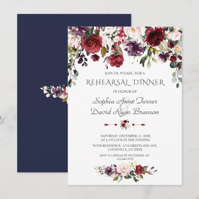 Burgundy Blush Flowers Navy Blue Rehearsal Dinner Invitation (Front/Back)