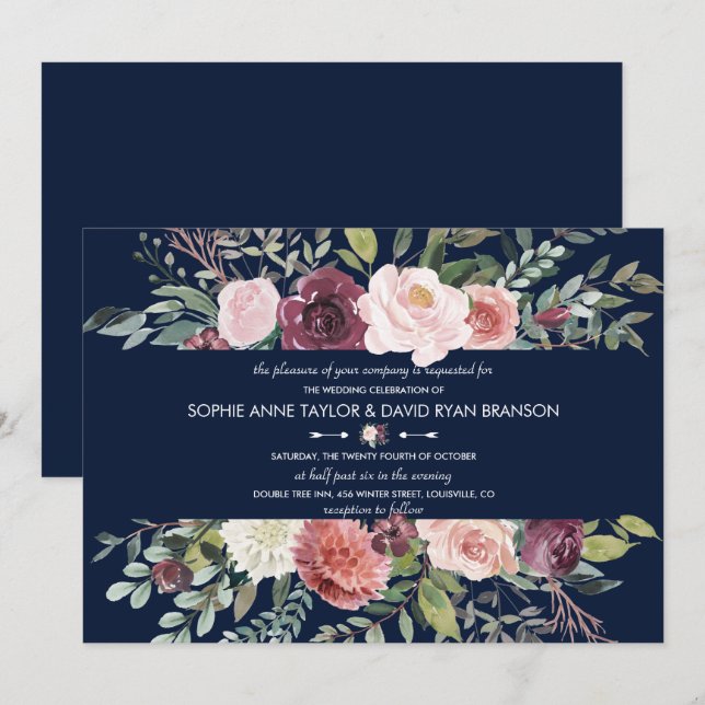 Burgundy Blush Flowers Navy Blue Wedding Invitation (Front/Back)