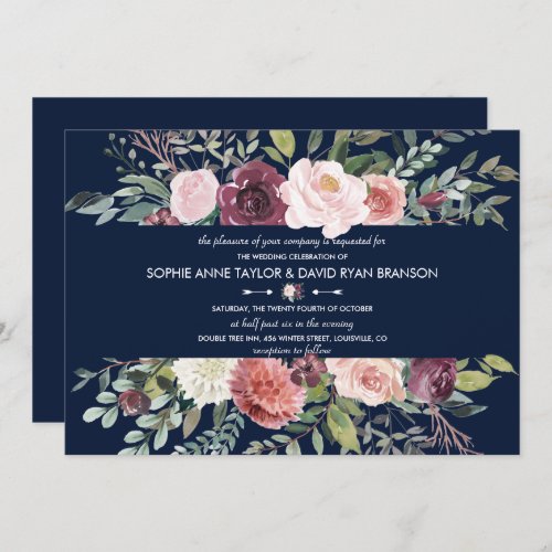 Burgundy Blush Flowers Navy Blue Wedding Invitation