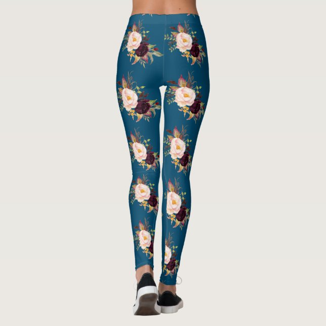 Burgundy Blush Flowers Ocean Blue Pattern Leggings (Back)