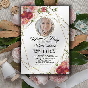 Burgundy Blush Flowers Photo Retirement Party Invitation