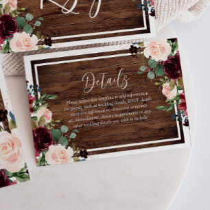 Burgundy & Blush Flowers Rustic Wood Wedding Enclosure Card