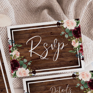 Burgundy & Blush Flowers Rustic Wood Wedding RSVP Card
