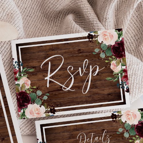 Burgundy  Blush Flowers Rustic Wood Wedding RSVP Card