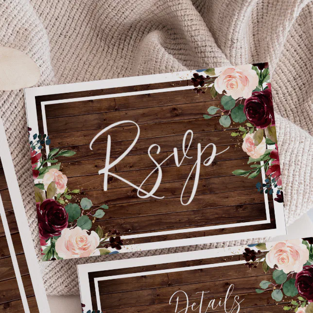 Burgundy & Blush Flowers Rustic Wood Wedding RSVP Card | Zazzle