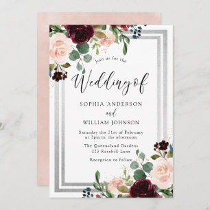 Burgundy Blush Flowers & Silver Spring Wedding Invitation