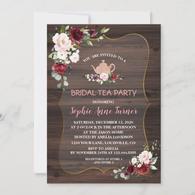Burgundy Blush Flowers Wood Bridal Tea Party Invitation (Front)