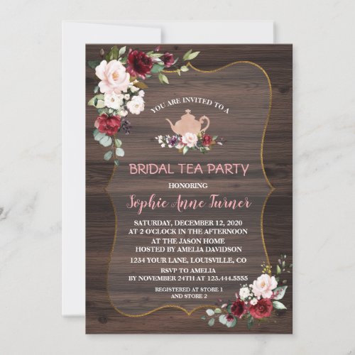 Burgundy Blush Flowers Wood Bridal Tea Party Invitation