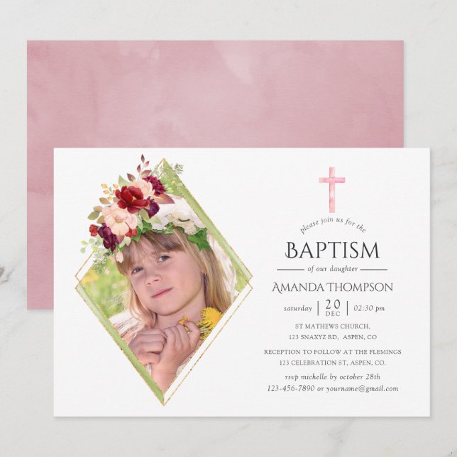 Burgundy & Blush Geometric Baptism or Christening Invitation (Front/Back)