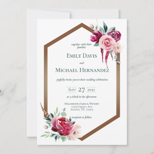 Burgundy  Blush Geometric Gold Boho Invitation