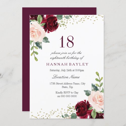 Burgundy Blush Glitter 18th Birthday Party Invitation