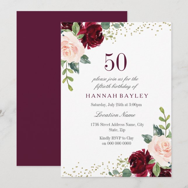 Burgundy Blush Glitter 50th Birthday Party Invitation (Front/Back)