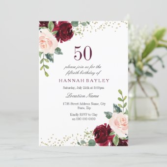 Burgundy Blush Glitter 50th Birthday Party Invitation | Zazzle