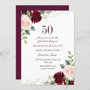 Burgundy Blush Glitter 50th Birthday Party Invitation