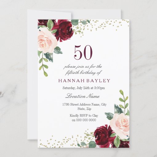 Burgundy Blush Glitter 50th Birthday Party Invitation | Zazzle