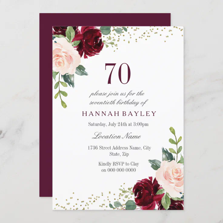 Burgundy Blush Glitter 70th Birthday Party Invitation | Zazzle