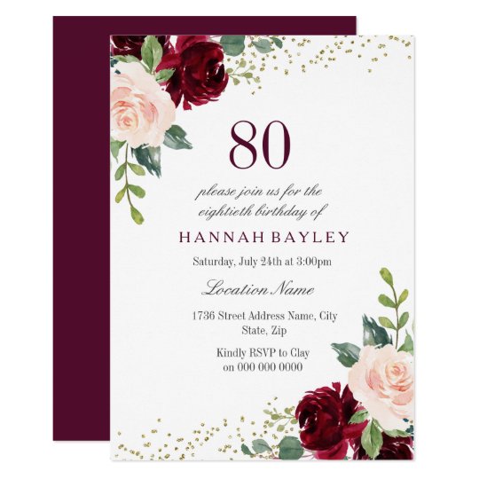 Burgundy Blush Glitter 80th Birthday Party Invitation | Zazzle.com